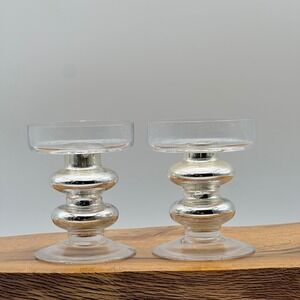 Silver Mercury Glass Pillar Candle Holders Stacked Orb Set of 2 Modern